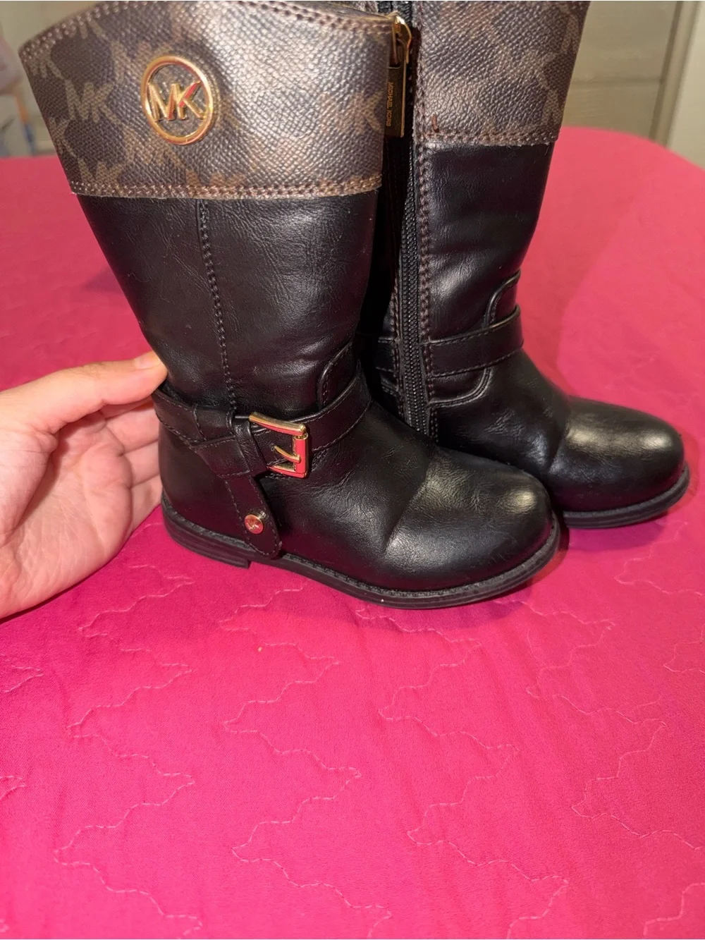 Michael Kors Black Leather Kids Boots with Brown Logo Cuff
